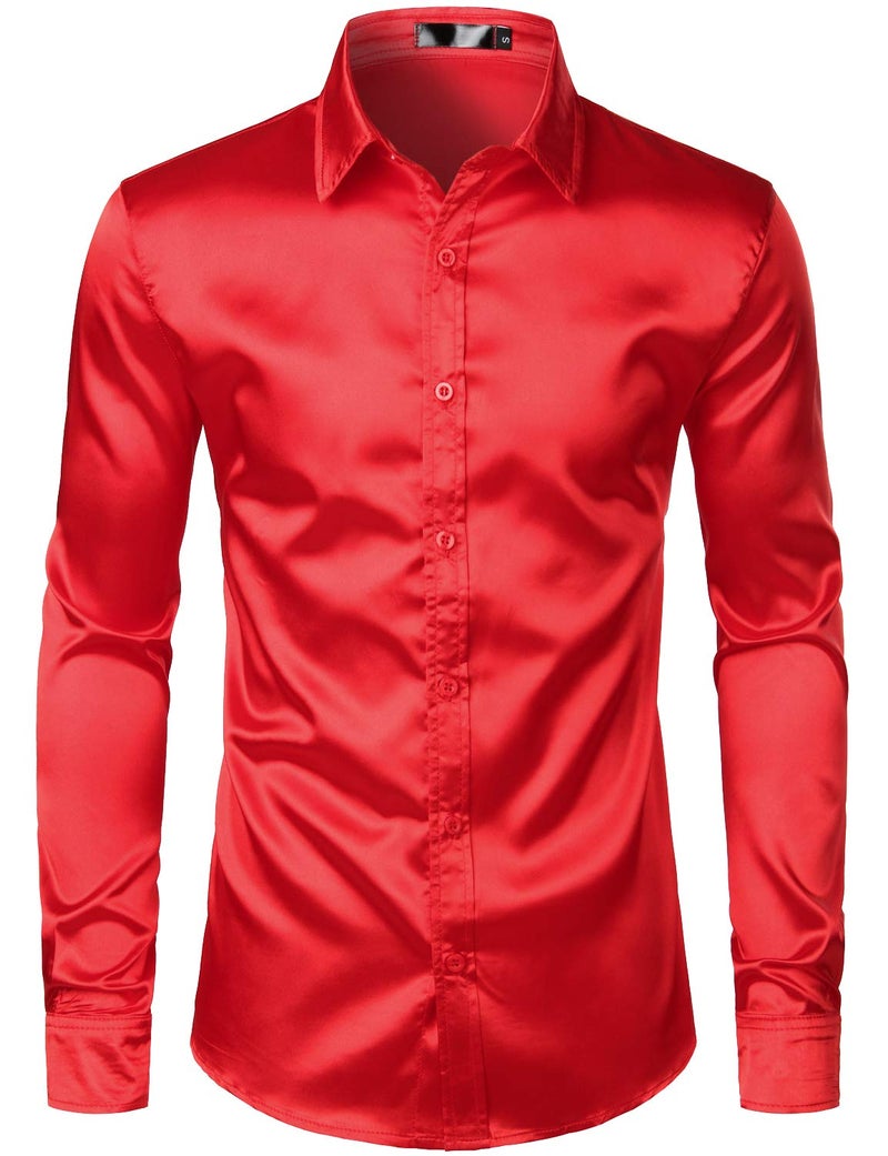 ZEROYAA Men's Luxury Shiny Silk Like Satin Button Up Dress Shirts ZLCL14-Red Small - Image 2